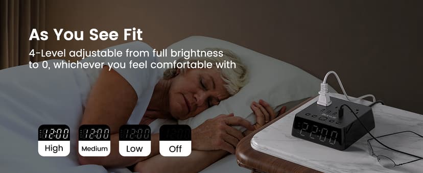 JACKYLED Alarm Clock with 4 USB Chargers Power Strip 3 Outlets 1700J Surge Protector Nightstand Dimmable Digital Clock with Dual Alarm and Snooze Function for Bedroom, Full Screen LED Display