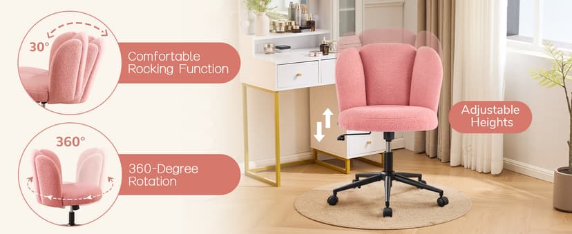 Furniliving Velvet Vanity Chair with Wheels, Adjustable Height Swivel Desk Chair& Lumbar Support, Armless Upholstered Makeup Chair for Bedroom Home Office Study Room (White, Flower)