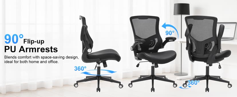 Office Chair, Ergonomic Desk Chair with Adjustable Lumbar Support, Breathable Mesh Computer Chair with Flip-up Armrests, 350lbs Comfy Swivel Task Chairs for Home Office, Black