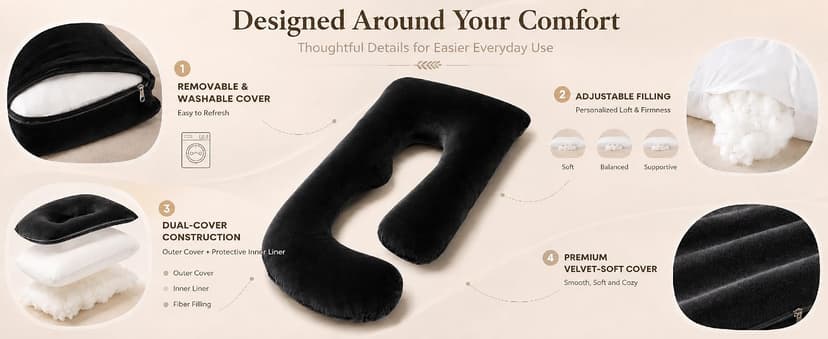 Pregnancy Pillow, Full Body 57 Inch Maternity Pillow with Removable Washable Cover - Sleep Support for Legs, Back, Neck, Shoulder, HIPS, Belly for Pregnent Women, Black Grey Velvet Cover