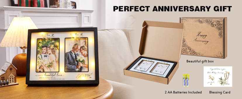 Then & Now 50th Anniversary Picture Frame for Couple, Celebrate Years of Love Anniversary Wooden Photo Frame for Parents, Husbands, Wives, Wedding Engagement Gifts, Double Frame 4x6 Photos Black