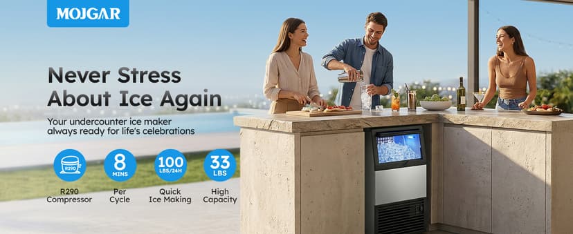 Mojgar Commercial Ice Maker Machine, 100lbs/24H with 33lbs Ice Storage Under Counter Ice Machine, Stainless Steel Built-in Freestanding Ice Maker Self-Cleaning for Home Bar