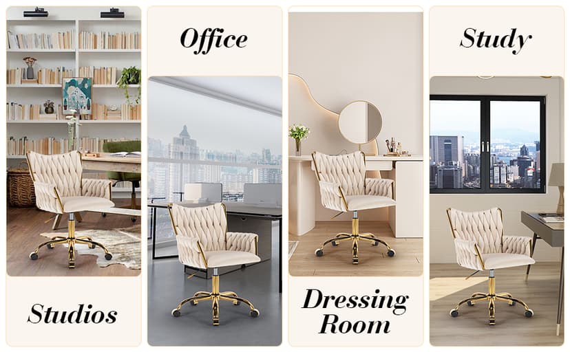KCC Modern Velvet Home Office Desk Chair with Hand Woven Backrest, Upholstered Adjustable Makeup Vanity Chair with Armrest and Golden Metal Base with Wheels for Living Room Bedroom Study(Beige)