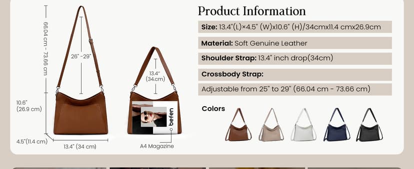 befen Genuine Leather Purse for Women Soft Leather Hobo Crossbody with 2 Detachable Straps Large Womens Purses And Handbags
