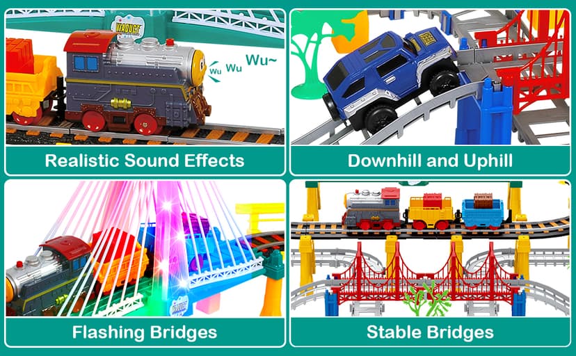Electric Train Set for Kids Ages 4-8 with Train Tracks Set & Car Tracks Lights Up Bridge Road Sign Realistic Sound Train Track Accessories Playset Boy Toys Birthday 4 5 6 7 8+ Year Old