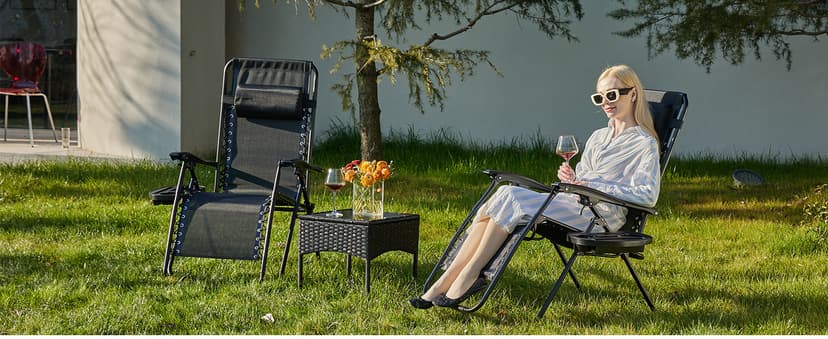 Sweetcrispy Zero Gravity Chairs, Set of 2 Portable Recliner Beach Camping Patio Outdoor Folding Lounge Chair with Cup Holder Trays and Adjustable Pillow for Poolside, Garden, Backyard, Lawn (Black)