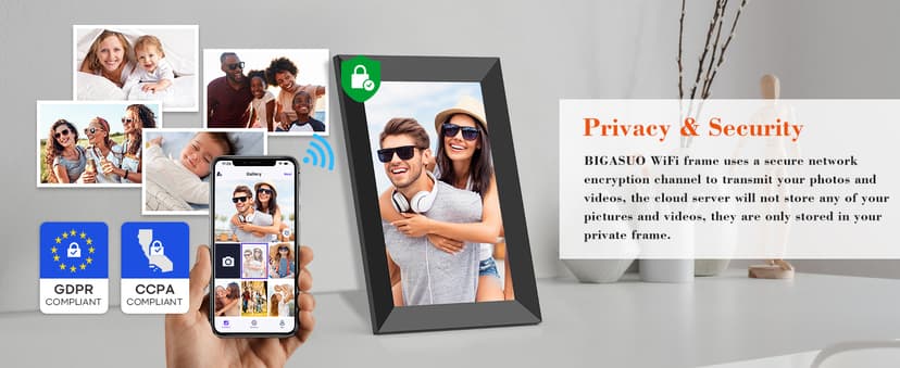 BIGASUO 10.1 Inch WiFi Digital Picture Frame, IPS HD Touch Screen Cloud Smart Photo Frames with Built-in 32GB Memory, Wall Mountable, Auto-Rotate, Share Photos Instantly from Anywhere