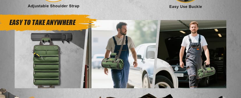 Tool Bag Roll Up, UUP Heavy Duty Portable Soft Tool Storage Organization, Foldable Empty Rollup Organizer with 2 Small Pouches, Rollable Carrying Toolbag, Dad Men Mechanic Welding Birthday Gift, Green