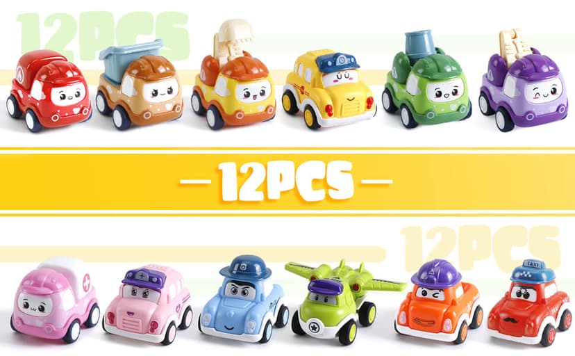 Mini Car Toys for 1 Year Old Boy Gifts, 12 Sets Pull-Back Trucks with Playmat/Storage Box for Toddlers Age 1-2, Baby Toys 12-18 Months, 1st Christmas Birthday Gifts for One Year Olds