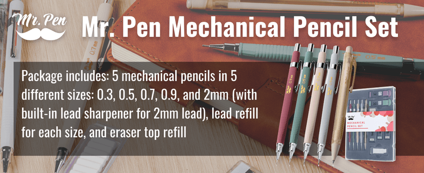 Mr. Pen- Art Mechanical Pencil Set, 5 Vintage Mechanical Pencils (0.3, 0.5, 0.7, 0.9, 2.0mm), 5 HB Lead Refills & 10 Eraser Refills, Precision Drawing Pencils for Sketching, Writing & Artwork