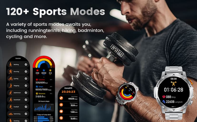 Military Smart Watch for Men 1000 mAh Battery/3 Bands/Flashlight,1.75'' HD Display Smart Watch with Call,IP68 Waterproof Fitness Tracker with Heart Rate,Sleep Monitor,100+ Sport Modes,for iOS Android