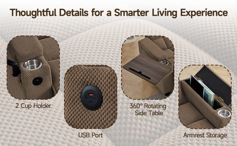 41.7" Oversized Chaise Lounge Chair Indoor, Boucle Upholstered Sofa Bed with Adjustable Backrest, Deep Seat Reading Chair, Sofas Couches for Living Room, Storage, Cup Holders & 360° Swivel Side Table