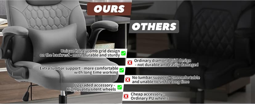 Executive Office Chair PU,Leather Office Chair with Wheels,360° Swivel Rolling Chair with Padded Arms,Ergonomic Computer Chair with Lumbar Support for Short People Use (Grey)