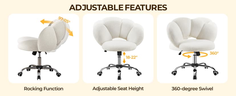 Yaheetech Boucle Upholstered Desk Chair Cloud-Shaped Vanity Chair Adjustable Home Office Computer with Rolling Wheels for Living Room, Bedroom White