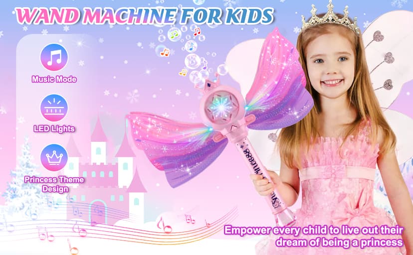 3 AA Batteries & 2 Bubble Solutions, Outdoor Party Birthday Gift for Girls 3-8, Bubble Machine for kids, Princess Toys, Pink Bubble Wand for Kids, LED Light Music Bubble Toys Girl Gifts Age 3+ B0BX57W4RX