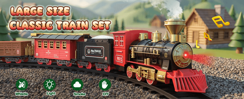Hot Bee Train Set - Train Toys for Boys with Smokes, Lights and Sound, Toy Train Set for Under Christmas Tree, Toddler Model Trains for 3 4 5 6 7 8+ Years Old Kids Christmas Toys Gifts