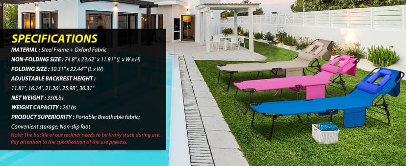 400lbs Tanning Chair, 5-Fold Beach Lounge Chair with Face Hole & 2 Side Pockets, Non-Slip Foot & Portable Handle, Beach Chaise Lounge for Patio/Pool/Lawn(1, Pink)