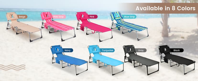 COSTWAY Tanning Chair with Face Hole, Folding Beach Lounge Chair with 4-Position Adjustable Backrest, Pillow & Side Pocket, Foldable Chaise Lounge Chair Outdoor for Sunbathing, Camping (1, Beige)