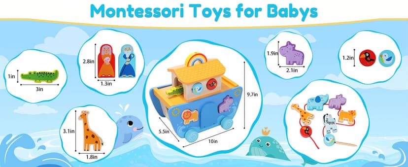 Wooden Noah's Ark Toy with Animal Shape Sorter,Baptism Gifts for 1 2 3 4 Years Old,Montessori Toys for Toddlers,Baptism Gifts for Boys and Girls,24 Months Babies