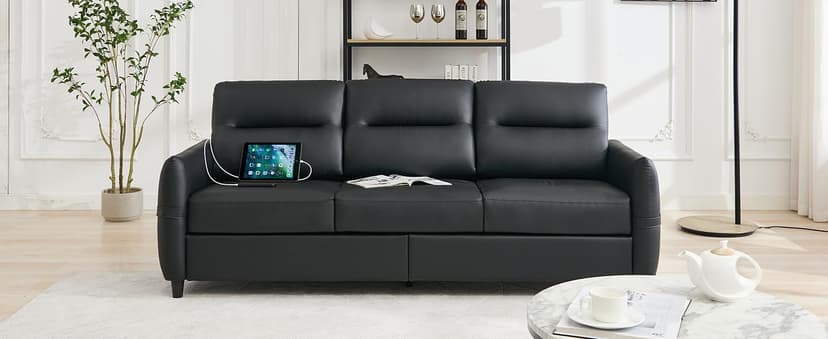 STHOUYN 85” Black Faux Leather Couch with USB, 3 Seater Sofa Couches for Living Room, Large Mid Century Modern Office Apartment Couch (Black)