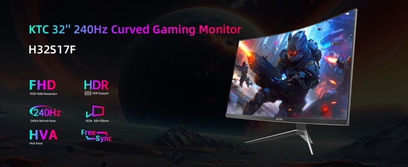 KTC 32 Inch 240Hz Curved Gaming Monitor, FHD 1080P 1500R HDR Gaming PC Monitor, FreeSync, Ultra-Fast 1ms Monitor for Gamer, 3500:1 Contrast, HDMI 2.0 x 2, DisplayPort 1.4 & USB 2.0, H32S17F