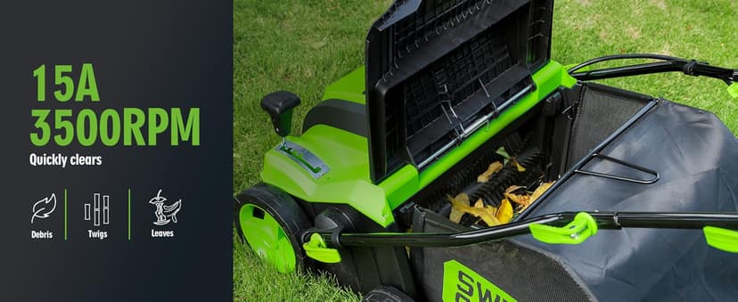 SWIPESMITH 16” Artificial Turf Vacuum,1800w Grass Sweeper 15 Amp Lawn Sweeper Yard Power Brush with 45L Removable Leaf Collection Bag, Quick-Fold, Keeps Clear Sweepy Box