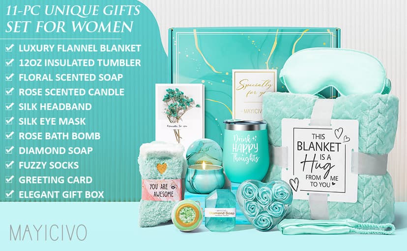 Birthday Gifts for Women Self Care Gifts Get Well Soon Gifts, Ocean Relaxing Spa Gifts Basket Care Package w/ Luxury Flannel Blanket, Unique Mothers Day Gifts Idea for Mom Her Friends Sister Wife