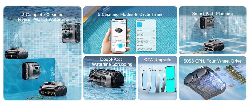 (2026 Upgrade) WYBOT C1 Cordless Robotic Pool Vacuum for Inground Pools, 150mins Above Ground Pool Cleaner 4-in-1 Wall & Waterline Cleaning Up to 1,615sq.ft, Smart App Navigation, Obsidian Green