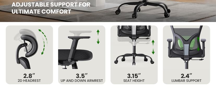 Marsail Ergonomic Office Chair Ergonomic Gaming Chair with Lumbar Support, 2D Headrest, Adjustable Armrests, Contoured Seat Cushion, Computer Desk Chair with Wheels for Home and Office