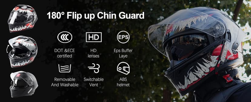 Modular Motorcycle Helmet, Flip Up Full Face Helmet with Dual Visor & Smoked Sunshield, DOT Approved Street Bike Helmet for Men & Women, Quick Release Buckle, Removable Washable Liner