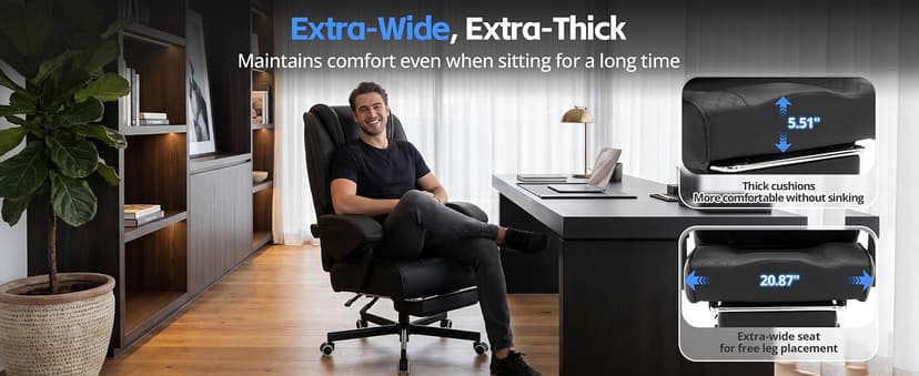 Ergonomic Executive Office Chair - Big and Tall Home Comfy Desk Gaming Chair for Adults, Heavy Duty Leather Reclining Wide Computer Chair with Foot Rest and Back Support (Black)