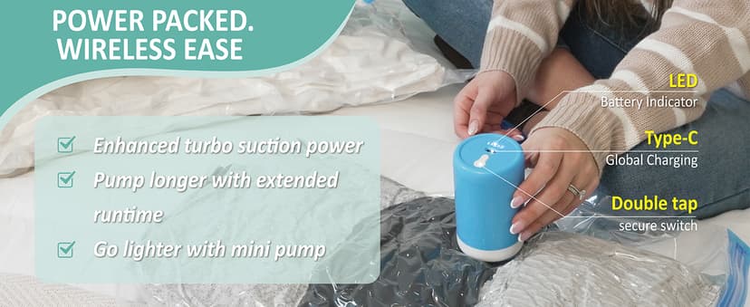 8 Pack Travel Vacuum Storage Bags with Rechargeable Wireless Electric Pump for Luggage, Suitcase, Carry-on Size Vacuum Seal Compression Space Saver Bags for Clothes and Clothing Travel