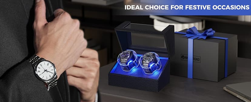 ANWBROAD ANWBROAD Watch Winder for Automatic Watches, Double Automatic Watch Winder Box with Quiet Japanese Motor, 4 Modes Dual Watch Winder wIth LED Light, Type-C Adapter, UJWW016C