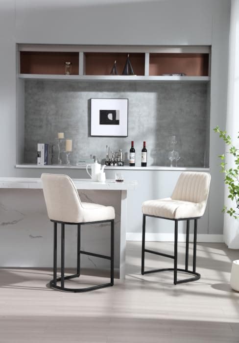 CIMOTA Counter Height Bar Stools Set of 2 with Back Modern Kitchen Counter Stools with Gold Legs Leather Island Chairs Comfy Stripe Barstools for Breakfast Bar, 26 Inch/PU Beige