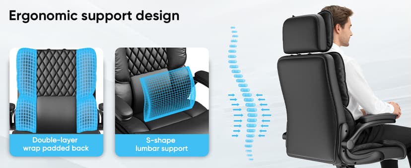 Sytas Ergonomic Office Chair with Adjustable Headrest, Executive Leather Desk Chair with Upgraded Lumbar Support for Lower Back Pain Relief, Thickened Backrest Computer Chair for Home Office, Black