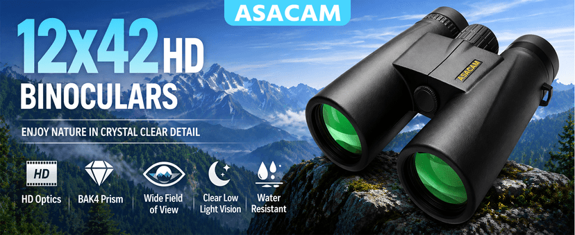 Asacam 12x42 Binoculars for Adults, High Powered Binoculars with Large Eyepiece, Lightweight HD BAK4 Prism for Bird Watching, Travel, Hunting, Camping, Sports