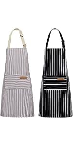 NLUS 2 Pack Kitchen Cooking Aprons, Adjustable Bib Soft Chef Apron with 2 Pockets for Men Women(Black/Brown Stripes) B08F79GXXM