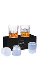 Whiskey Rocks Glass, Set of 4 (2 Crystal Bourbon Glasses, 2 Round Big Ice Ball Molds) In Gift Box - 11 Oz Old Fashioned Glasses for Scotch Cocktail Rum Cognac Vodka Liquor, Unique Gifts for Men
