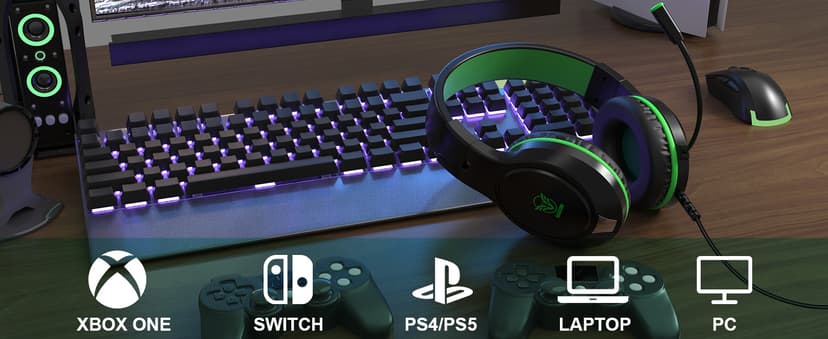 H-10 Gaming Headset for PS4, Xbox One, PC, PS5, Nintendo Switch, Stereo Wired Noise Cancelling Over Ear Headphones with Mic for Kids Adults, Bass Surround, Soft Memory Earmuffs, Green