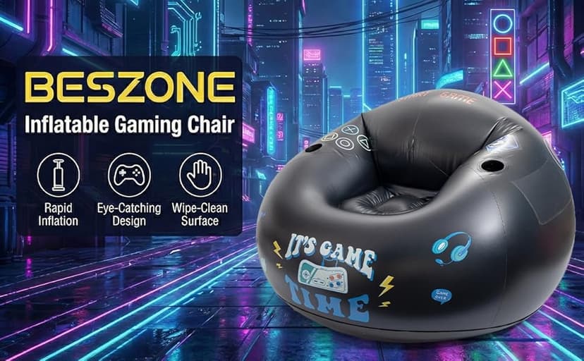 Inflatable Gaming Chair for Kids and Teens with Cup Holders and Side Pocket, Blow Up Bean Bag Gaming Chair for Boys, Comfortable Inflatable Lounge Seat for Gamer Room Decor and Boys Room Furniture
