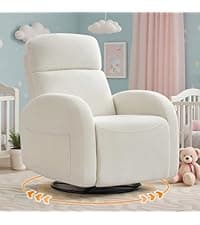 Rocking Recliner Nursery Chair, Swivel Recliner Glider for Nursery with 2 Pockets, Reclining Rocking Chair, Manual Recliners for Living Room, Bedroom, Cream White Chenille