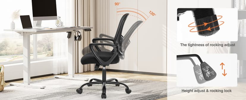 Sweetcrispy Home Office Managerial Executive Chair with Ergonomic Design, Mid-Back Mesh Swivel, Comfortable Lumbar Support, Comfy Arms for Bedroom,Study,Student, Black