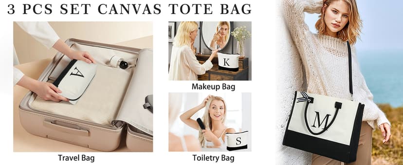 YOOLIFE Initial Canvas Tote Bag & Makeup Bag, Birthday Gifts for Women Mom Sister Friends, Bridesmaid Wedding Gifts