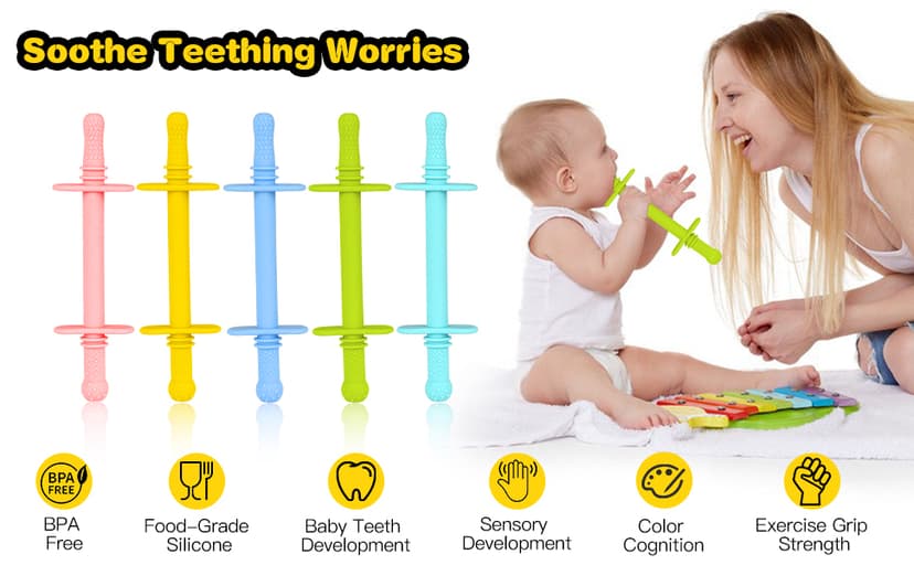 Fu Store Hollow Teether Tube 5PCS Chew Straw Toy for Infant Toddlers Silicone Tubes Teething Toys for Babies 3-12 Months BPA Free/Freezable/Dishwasher and Refrigerator Safe