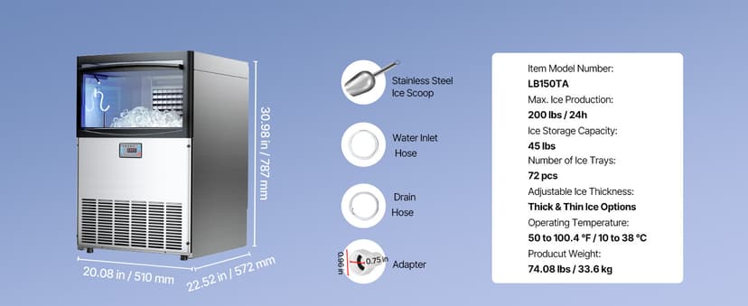 VEVOR Commercial Ice Maker Machine, 200 lbs/24h with 50 lbs Storage Capacity, Built-in/Freestanding/Under Counter, Stainless Steel Ice Maker with LED Display & Self-Cleaning, for Home Bar Restaurant
