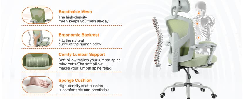 Sweetcrispy Office Computer Desk Chair, Ergonomic High-Back Mesh Rolling Work Swivel Chairs with Wheels, Comfortable Lumbar Support, Comfy Arms for Home, Bedroom, Study, Student, Green