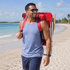 CARIBBEAN JOE Folding Beach Chair, 4 Position Portable Backpack Foldable Camping Chair with Headrest, Cup Holder, and Wooden Armrests