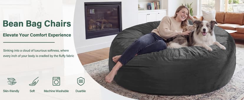 fond + found 5FT Bean Bag Chair for Adults - Giant Memory Foam Bean Bag with Removable Washable Cover, Large Comfy Bean Bag Chair with Handle & Side Pocket for Living Room, Bedroom, Gaming
