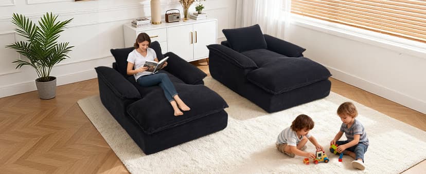 Oversized Chaise Lounge Chair Indoor, 67" Boneless Chaise Lounge with Extra Deep Seat, Comfy Corduroy Upholstered Sleeper Sofa Bed, Cozy Fluffy Single Sofa Armchair for Living Room, Black
