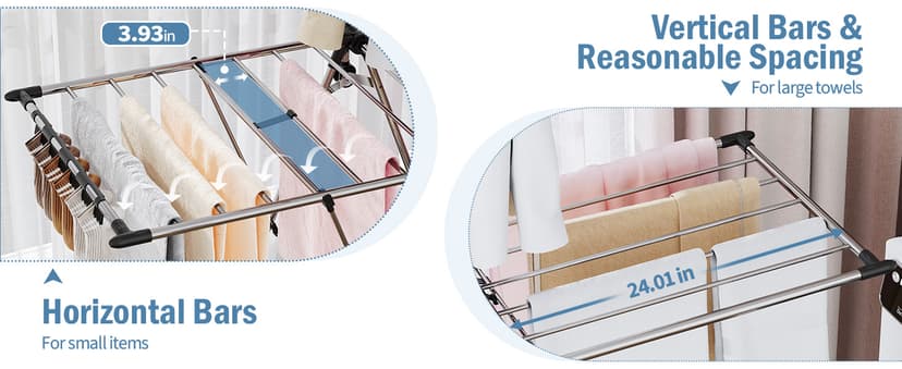 APEXCHASER Clothes Drying Rack with High Hanger, Foldable 3-Level Drying Racks with Shoe Rack, Crossbar and Vertical Rod Laundry Stand with Adjustable Wings Silver